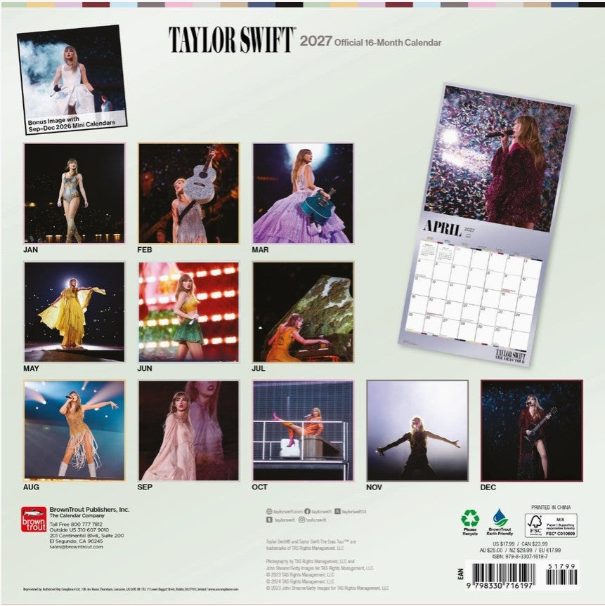 Den officiella Taylor Swift 2027 väggkalendern med bilder av världsstjärnan Taylor Swift - Back