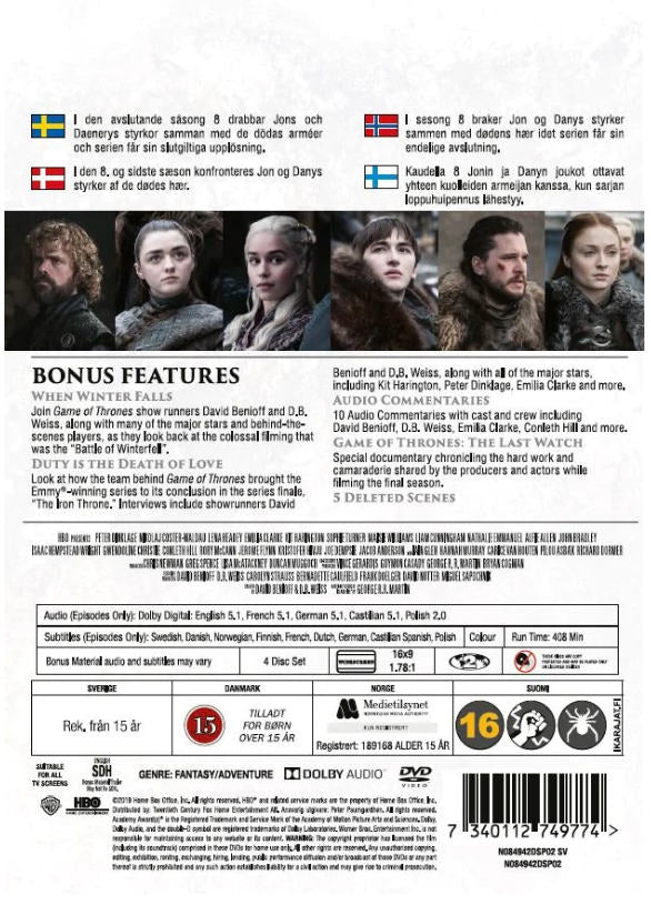 Game of Thrones: Säsong 8 (Limited Edition, med slipcase) DVD - Back