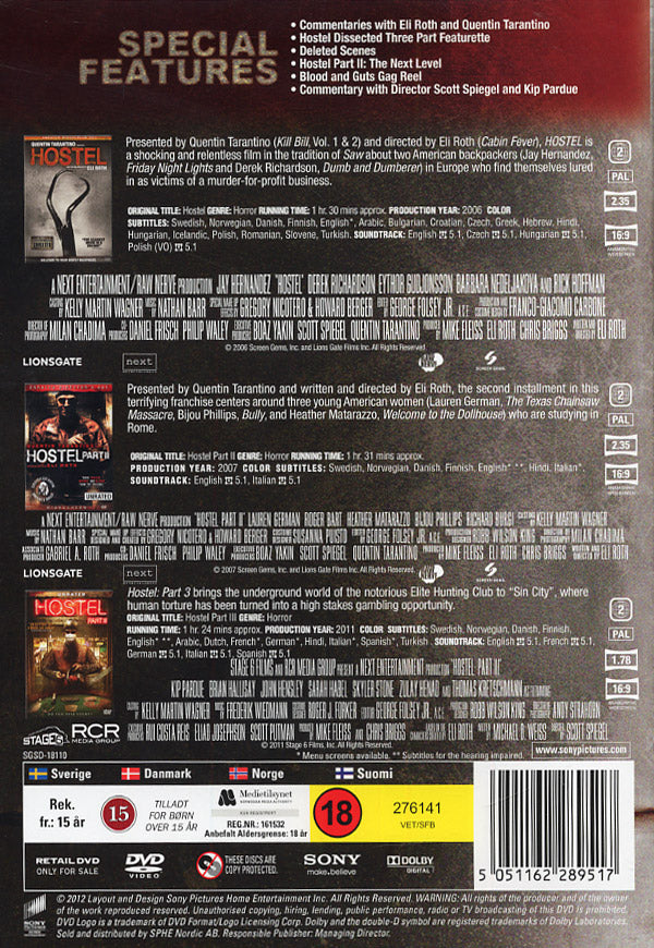 Hostel DVD Boxset med Hostel, Hostel Part II och Hostel Part III. Ny inplastad - Back + Details